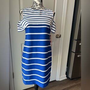 Vince Camuto Blue and White Cold-Shoulder Sheath Dress. Size 6